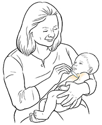 Woman holding digital thermometer in baby's armpit.