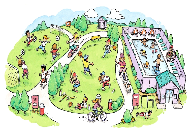 Overhead image of park with kids in swimming pool, bicycling, walking dog, playing baseball, running, doing pushups, skateboarding, and playing soccer.