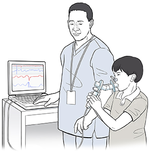 Technician monitoring child breathing into spirometer.