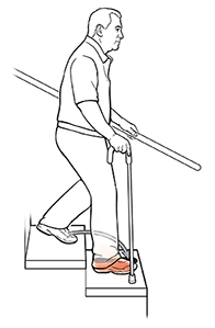 Side view of a man using a cane on stairs. The arrow shows where he should put his foot to move down the stairs.
